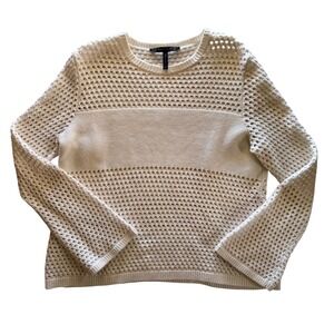 BCBGMAXAZRIA | Joeli Mesh Pullover Crew Sweater Cream Crochet Bell Sleeve Large